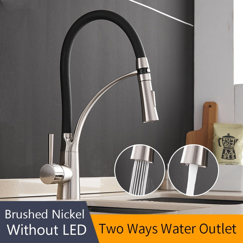 Kitchen Faucets with Rubber Design Chrome Mixer Faucet for LED Kitchen Single Handle Pull Down Deck Mounted Crane for Sinks 7661