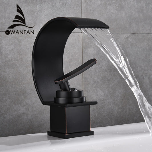 Basin Faucet Waterfall Black with Brushed Bathroom Basin sink Faucet Cold and Hot Water Mixer Single Handle Bathroom Taps 855737