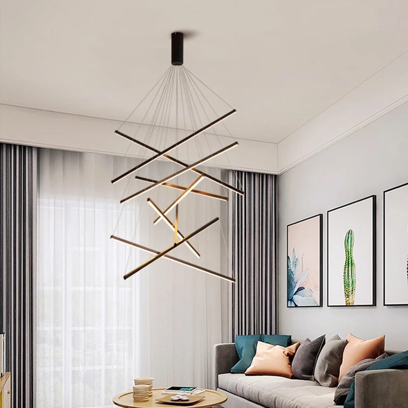Modern Black Stair Chandelier simple duplex building highrise empty living room Bedroom hall personality long LED line lamp