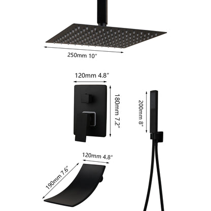 KEMAIDI Matte Black Bathroom Shower Faucet Rainfall Tub LED Bathtub Rain Square Shower Head Waterfall Shower Faucet Set