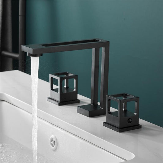 Tuqiu Basin Faucet Black Brass Widespread Bathroom Sink Faucet 3 Hole Widespread Basin Mixer Double Handle Hot  Cold Water Tap