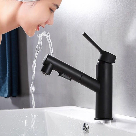 Mouthwash Basin Faucet Full Copper Basin Pull Hot Cold Double Outlet Faucet Black Wash Basin Retractable Pull Tapware Bathroom